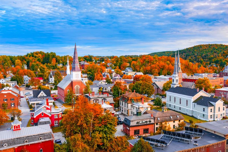 Colorful autumn landscape with buildings.