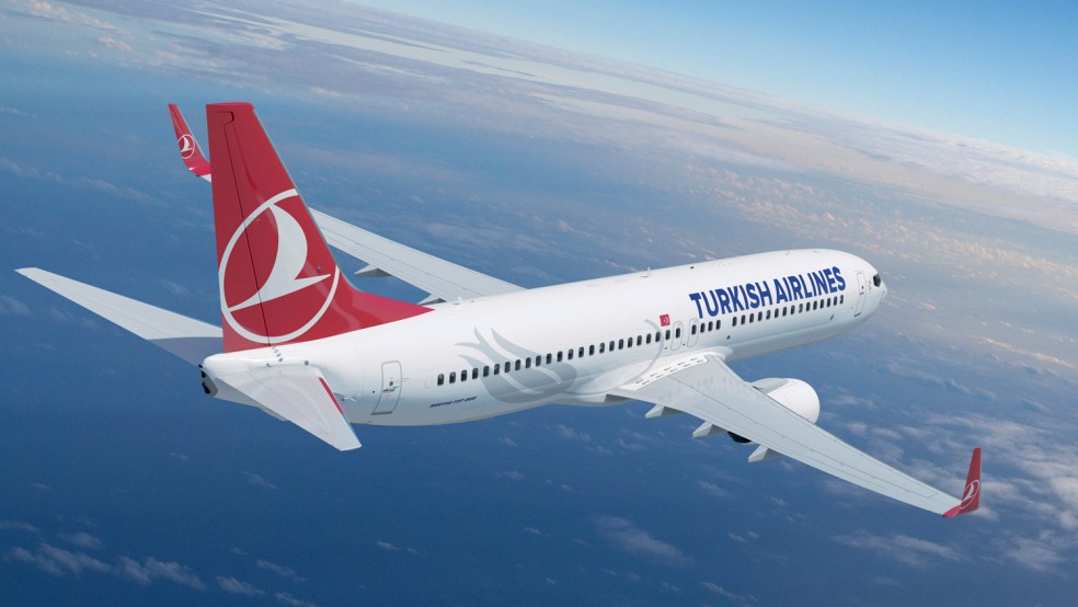 Turkish Airlines airplane flying above clouds